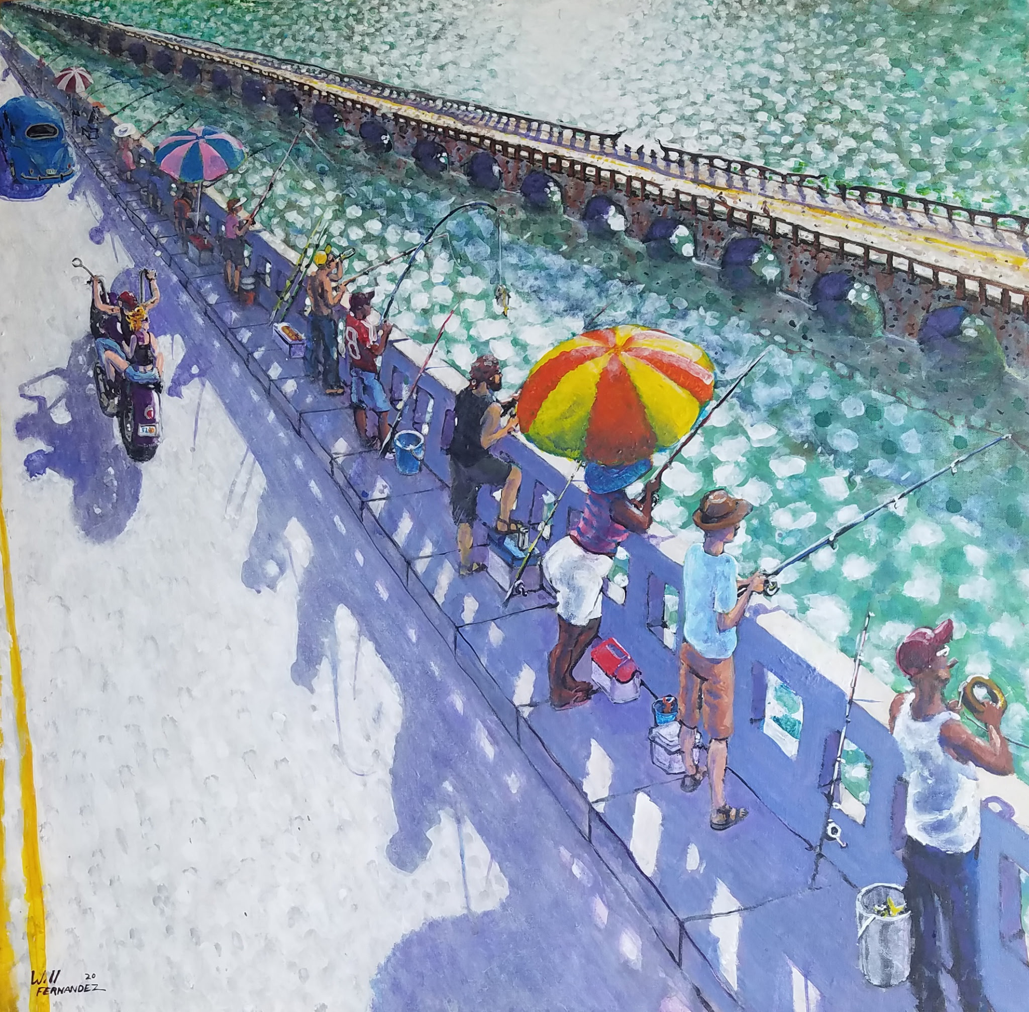 Aerial view impressionist acrylic painting of fishermen on the Overseas Highway bridge, Florida Keys, by Will Fernandez, 30x30 inches
