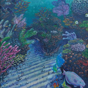Original impressionist acrylic painting of a coral reef with parrotfish and sea fans by Key West artist Will Fernandez, 48x60 inches