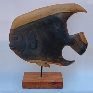 Hand-carved blue mahoe heartwood angelfish sculpture on wood base by Key West artist Will Fernandez, 20x20 inches.